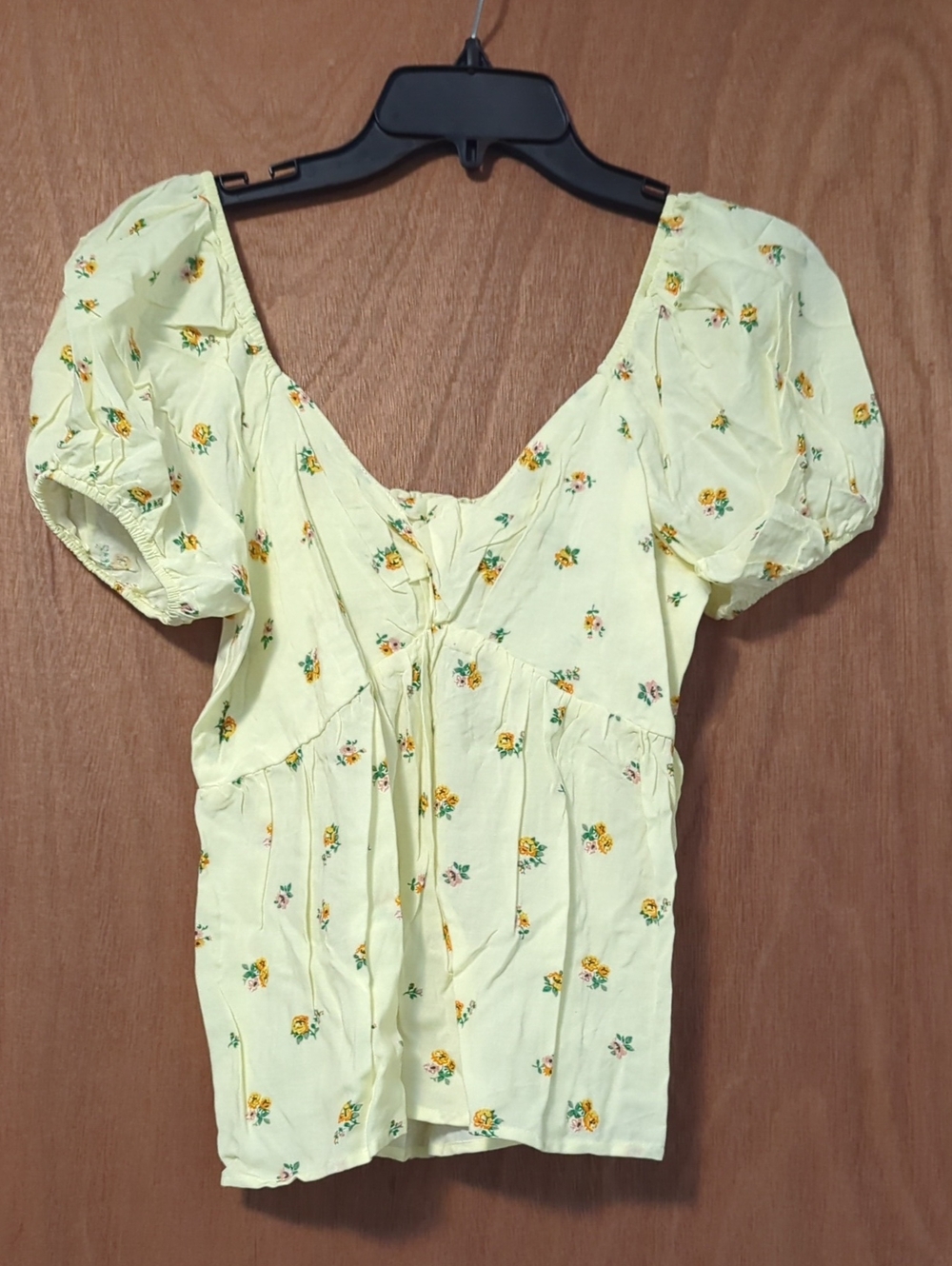 Yellow Floral Puff-Sleeve Scoop-Neck Blouse